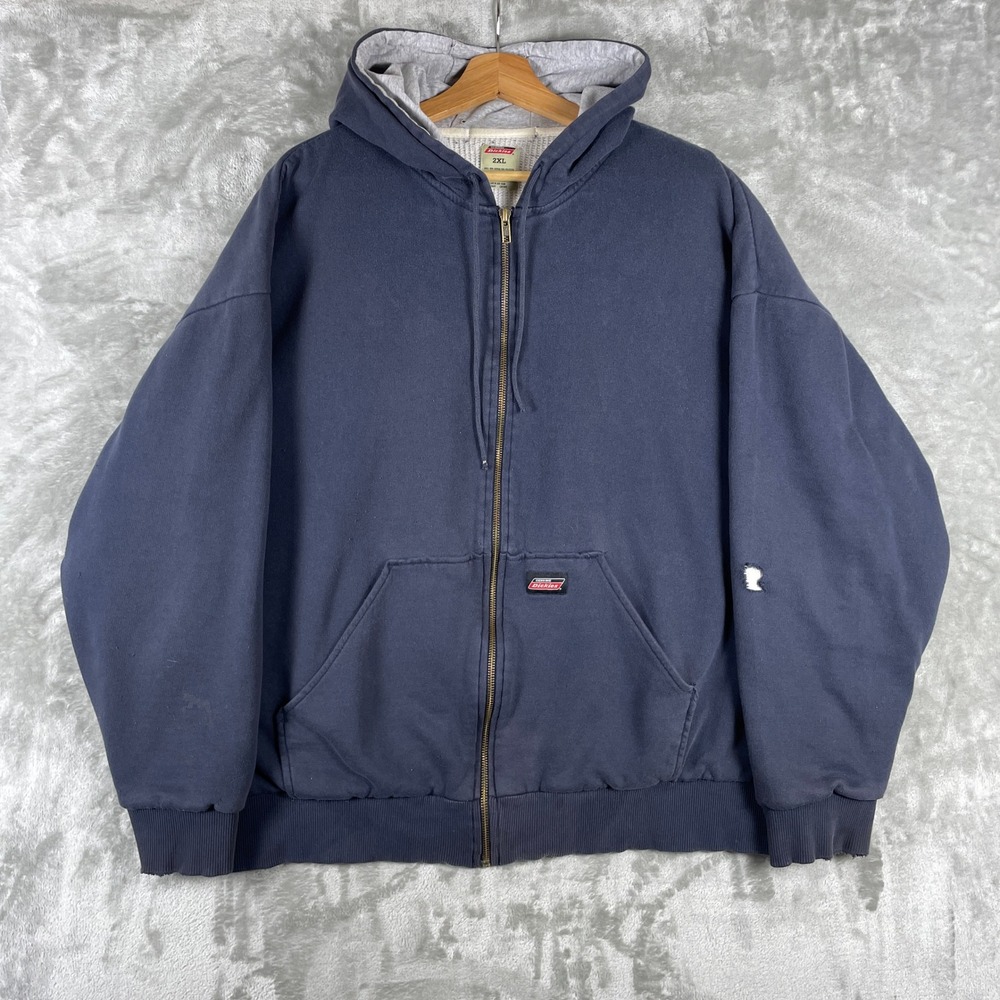 Dickies Hoodie Mens 2XL Blue Thermal Lined Full Zip Heavyweight Distressed